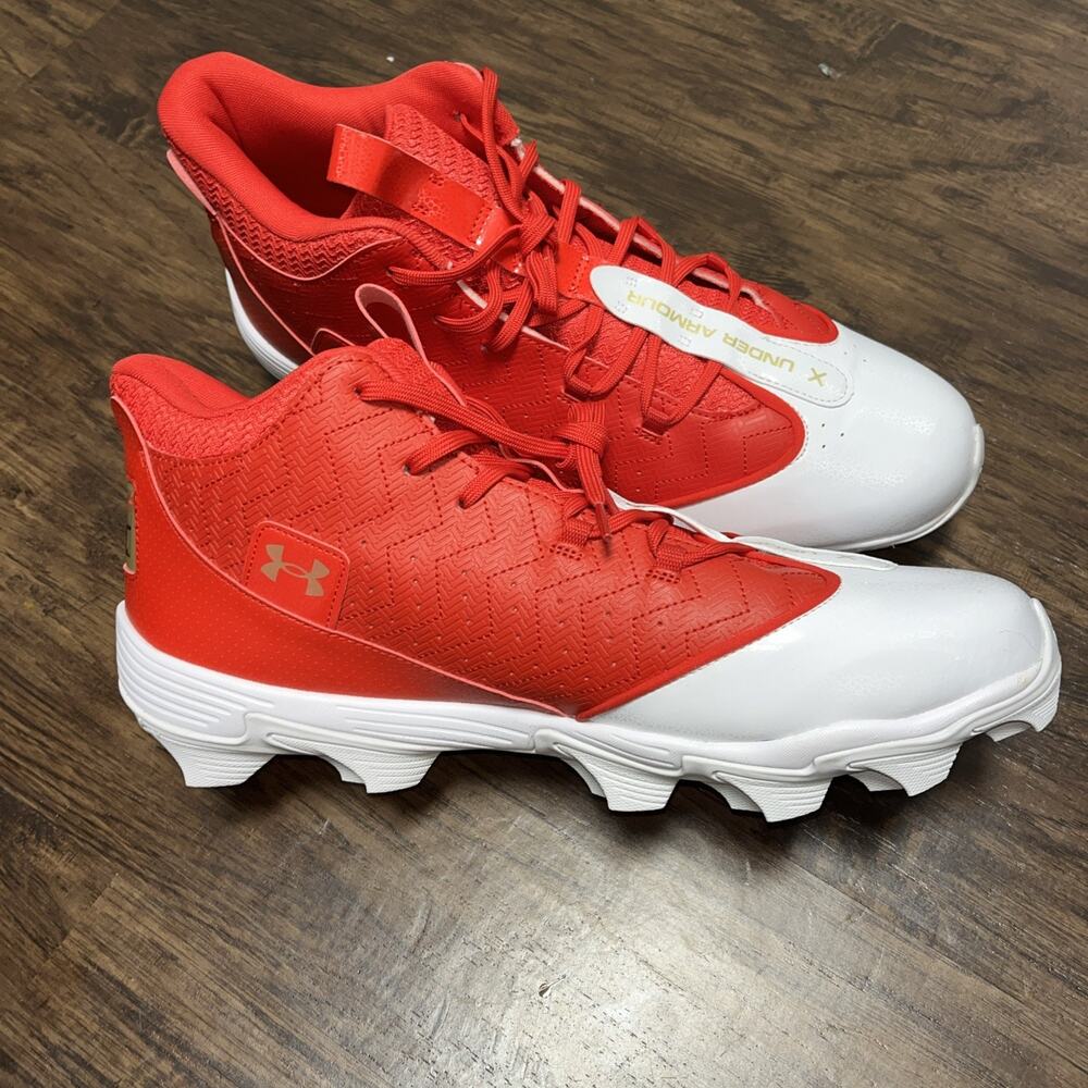 Under Armour Men's Harper 9 Mid RM Baseball/Softball Cleats Size 15 Red/White
